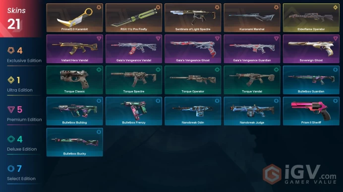 EU / 21 skins / RGX 11z Pro Firefly / Prime//2.0 Karambit / Valiant Hero Vandal / Gaia's Vengeance Vandal / V41