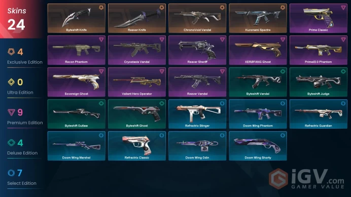 EU Level 90 24 Skins 25 Agents ChronoVoid Vandal Valiant Hero Operator Prime Classic Recon Phantom Cryostasis Vandal ...