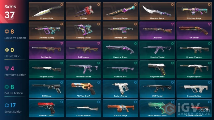 EU Level 1 37 Skins 12 Agents Oni Phantom Oni Phantom Oni Shorty Oni Guardian Glitchpop Frenzy Glitchpop Frenzy Oni S...
