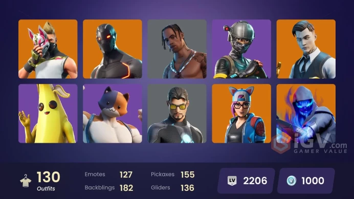 132 skins | Elite Agent | Travis Scott | Take The L | Gold Midas | Major Lazer | Blackheart | Dynamo Dancer | Drift | Fusion | Gear Specialist M