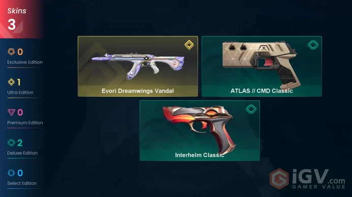 EU | 40 LVL | 8 Ag | 575 VP | 3 skins | Platinum 1 | Evori Dreamwings Vandal | Interhelm Classic | ATLAS // CMD Classic	V0020