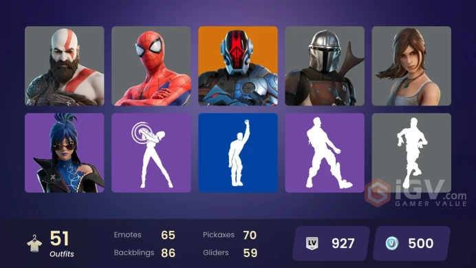 51 skins | Kratos | Valeria | Kymera | Ronin | Peter Griffin | Menace | The Foundation | Fade | Joey | Predator | Mandalorian | Spider-Man | 500