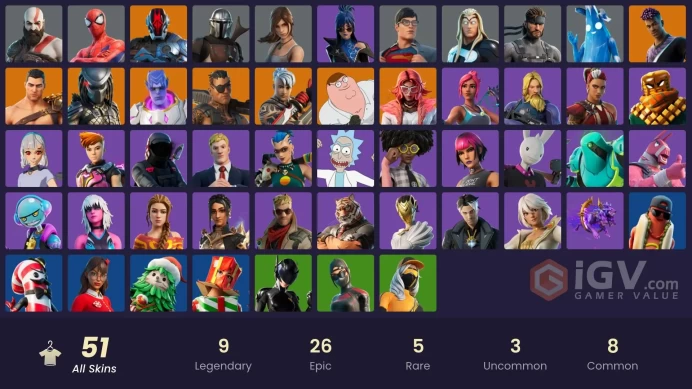 51 skins | Kratos | Valeria | Kymera | Ronin | Peter Griffin | Menace | The Foundation | Fade | Joey | Predator | Mandalorian | Spider-Man | 500