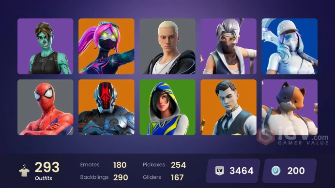 293 skins | OG STW | Astro Jack | Gold TNTina | Gold Midas | Gold Meowscles | Gold Brutus | Naruto Uzumaki | Cloud Striker | Shady Doggo | 200 V