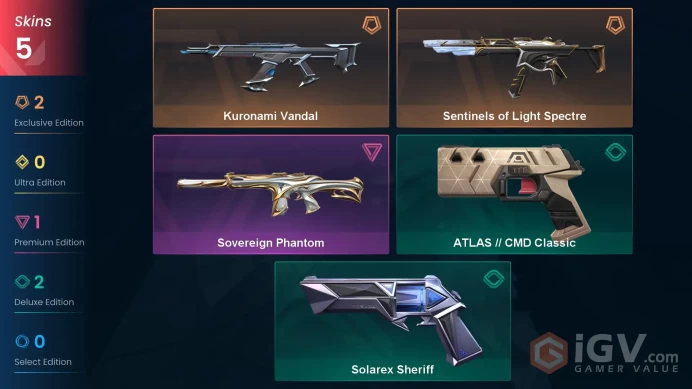 EU | 250 VP | 5 skins | Sentinels of Light Spectre | Kuronami Vandal | Sovereign Phantom |	V0194