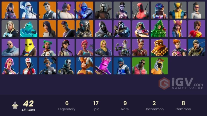 42 skins | Glow | Astro Jack | Gold Midas | Gold Brutus | Point Patroller | Fusion | Gear Specialist Maya | Fade | Predator | Dark Bomber | 350 