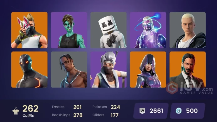 262 skins | OG STW | Travis Scott | Galaxy | Glow | Astro Jack | Fishstick (World Cup) | Gold Midas | Gold Brutus | Andre | Renee | Rogue Agent 