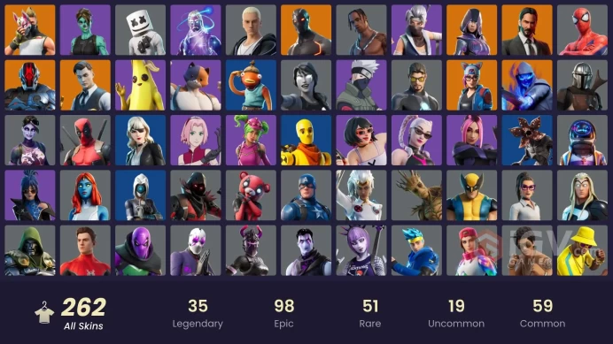 262 skins | OG STW | Travis Scott | Galaxy | Glow | Astro Jack | Fishstick (World Cup) | Gold Midas | Gold Brutus | Andre | Renee | Rogue Agent 