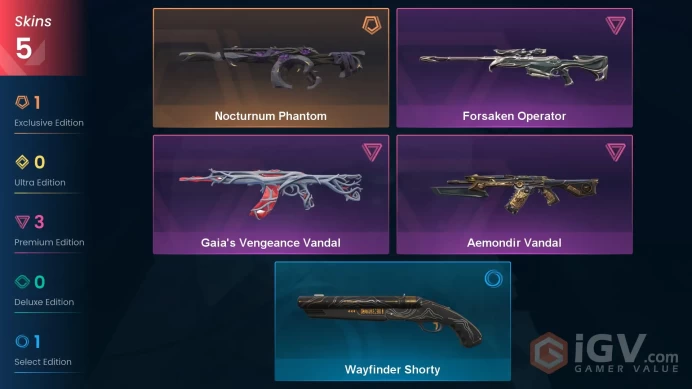 EU | 5 skins | Nocturnum Phantom | Gaia's Vengeance Vandal | Aemondir Vandal | Forsaken Operator | Wayfinder Shorty | X5247