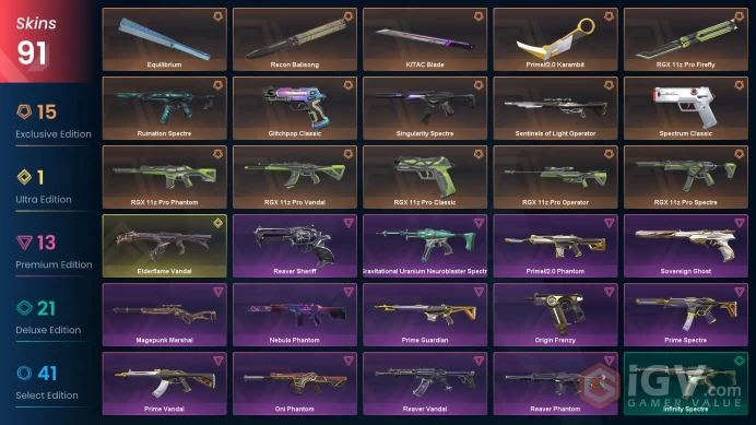 EU / 91 skins / Prime//2.0 Karambit / RGX 11z Pro Firefly / Recon Balisong / Prime Vandal / Reaver Vandal / v42