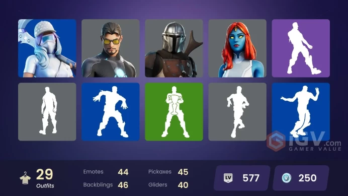  PC/PSN  29 SKINS  Menace  Mandalorian  Predator  Fade  Jennifer Walters  Groot  250 VBUCKS  FMCwi 
