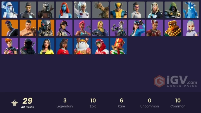  PC/PSN  29 SKINS  Menace  Mandalorian  Predator  Fade  Jennifer Walters  Groot  250 VBUCKS  FMCwi 