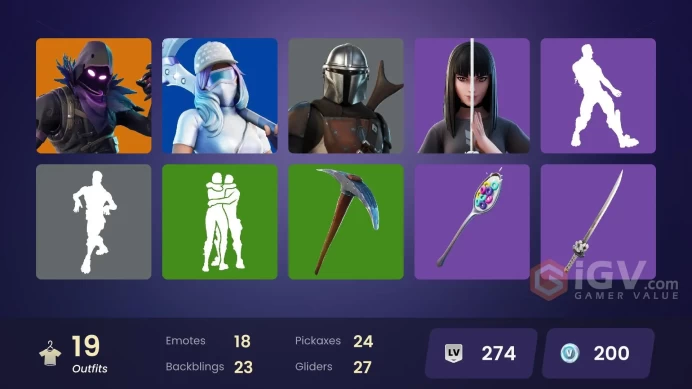  PC/PSN  19 SKINS  Raven  Predator  Mandalorian  The Cube Queen  Kor  Toona Fish  200 VBUCKS  FMDze 