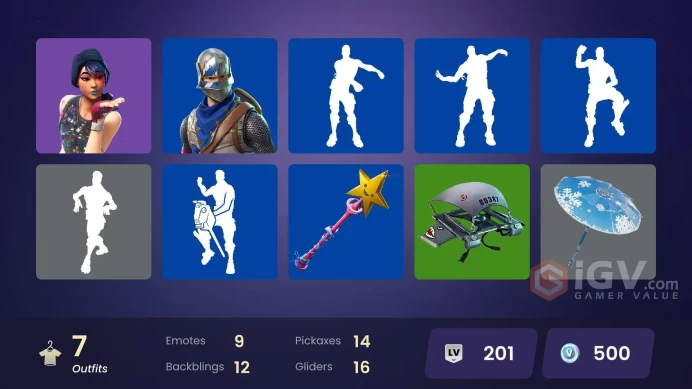 7 skins/full access/sparkle specialist/floss/blue squire/royale knight/floss/mako/f banner/battle bus banner