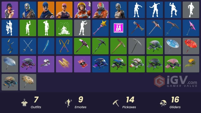 7 skins/full access/sparkle specialist/floss/blue squire/royale knight/floss/mako/f banner/battle bus banner