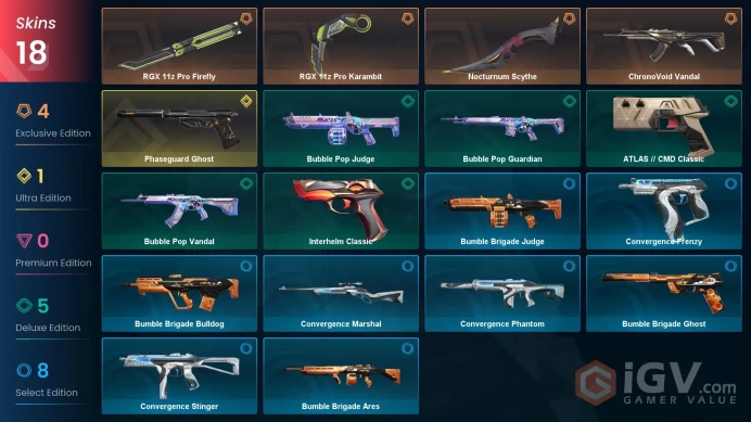 EU / 18 skins / Nocturnum Scythe / RGX 11z Pro Karambit / RGX 11z Pro Firefly / Phaseguard Ghost / ChronoVoid Vandal /V43