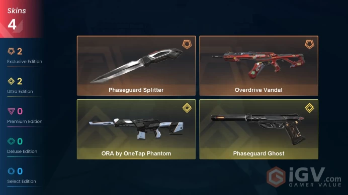 Eu-Europe | Phaseguard Splitter | Overdrive Vandal | ORA by OneTap Phantom | Phaseguard Ghost | 4 Skins | Level 20 | Full Access
