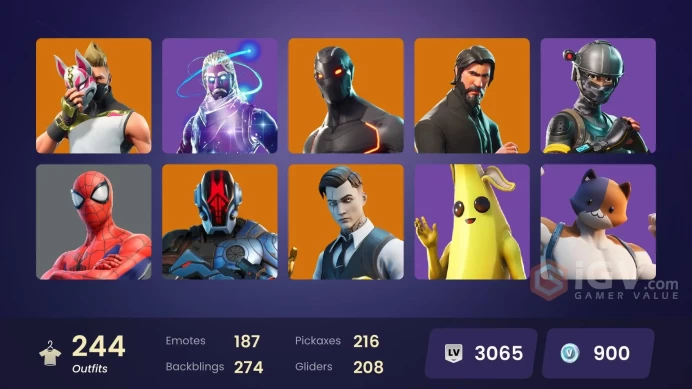 243 skins/full access/galaxy/the reaper/take the l/omega stage 5/gold midas/naruto/royale bomber/cobalt snoowfoot/world cup fishstick