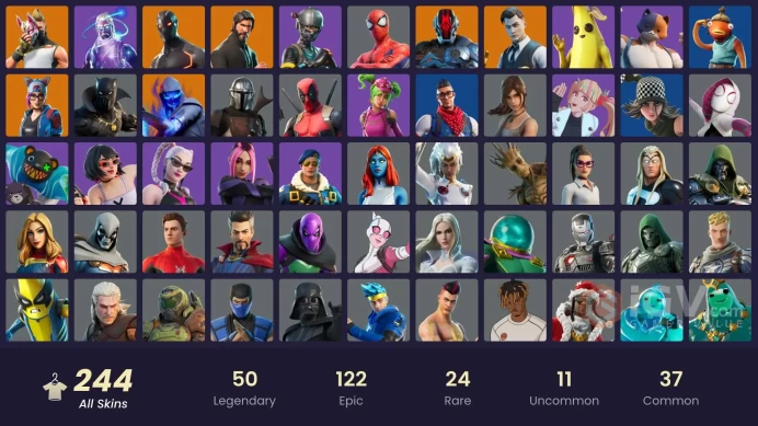 243 skins/full access/galaxy/the reaper/take the l/omega stage 5/gold midas/naruto/royale bomber/cobalt snoowfoot/world cup fishstick
