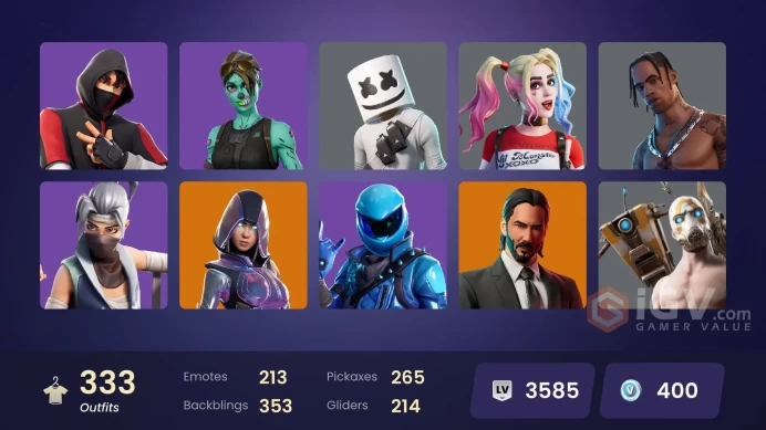 333 skins/full access/ikonik/honor guard/travis scott/glow/merry mint axe/leviathan axe/gold midas/world cup