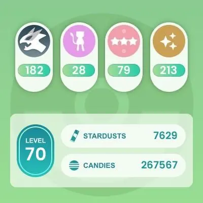 Level 70, 1 Legendary IV100, 213 Shiny, 182 Legendary, 79 IV 100, 10 Shiny Legendary, 3 Shadow Legendary