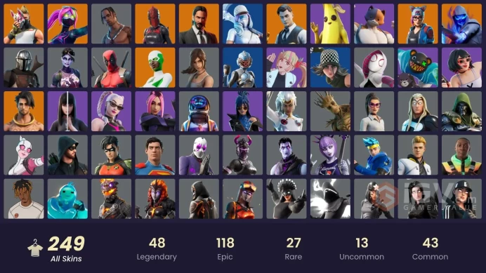 248 skins/full access/travis scott/merry mint axe/OG paradigma/gold midas/gold tntina/gold brutus/deluxe stw/rare emotes