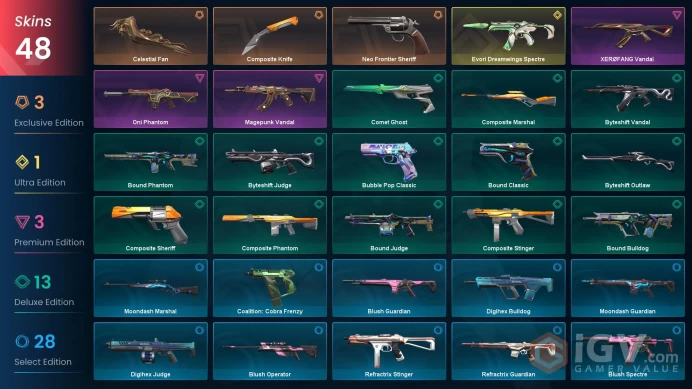 EU 48 skins 2 knifes | Evori Dreamwings Spectre | Neo Frontier Sheriff | Composite Knife | Celestial Fan | Magepunk Vandal | Oni Phantom | V0219