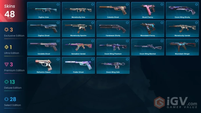 EU 48 skins 2 knifes | Evori Dreamwings Spectre | Neo Frontier Sheriff | Composite Knife | Celestial Fan | Magepunk Vandal | Oni Phantom | V0219