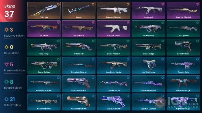 NA 37 skins | Bound | Spectrum Phantom | Tilde Knife | Oni Vandal | Ion Vandal | Oni Phantom | Neptune Vandal | Sovereign Marshal | V0398