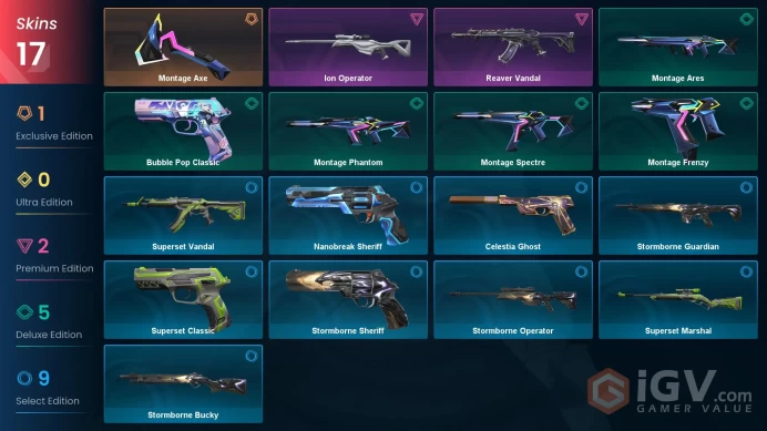 AP | 17 skins | Reaver Vandal | Montage Axe | Ion Operator | Montage Spectre | Montage Ares | Bubble Pop Classic | Montage Phantom | M1326