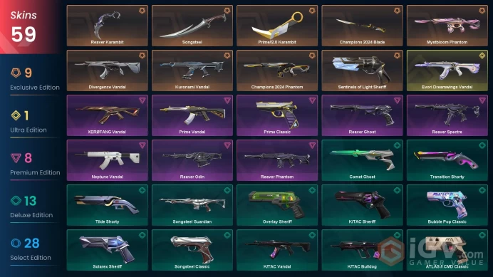 EU | 59 skins | Reaver Karambit | Champions 2024 Blade | Evori Dreamwings Vandal | Champions 2024 Phantom | Kuronami Vandal | F5828