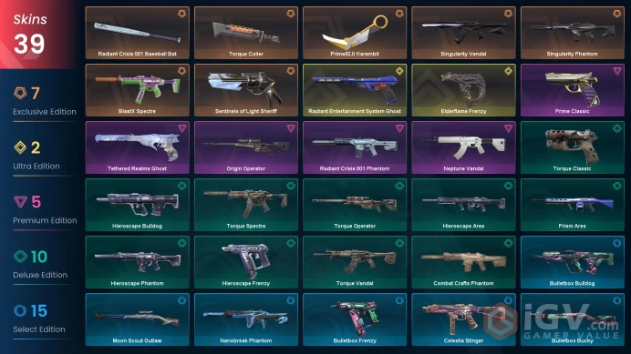 NA | 39 skins | Prime//2.0 Karambit | Radiant Crisis 001 Baseball Bat | Singularity Vandal | Torque Coiler | X7817