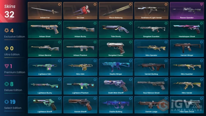 EU | 32 skins | Recon Balisong | Sentinels of Light Vandal | Artisan Foil | Oni Claw | Reaver Operator | Artisan Bucky | Artisan Phantom | T9818