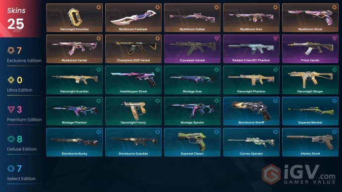 EU | 24 skins | Champions 2025 Vandal | Mystbloom Fanblade | Mystbloom Vandal | Cryostasis Vandal | Prime Vandal | Nanomight Knuckles | V2841