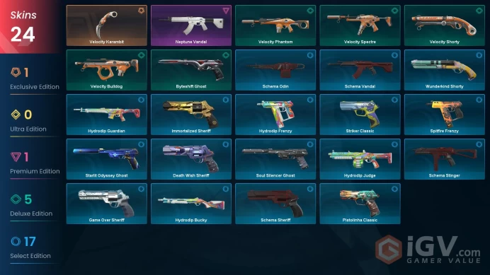 AP | 24 skins | Velocity Karambit | Neptune Vandal | Velocity Bulldog | Velocity Spectre | Velocity Shorty | Velocity Phantom | N1198