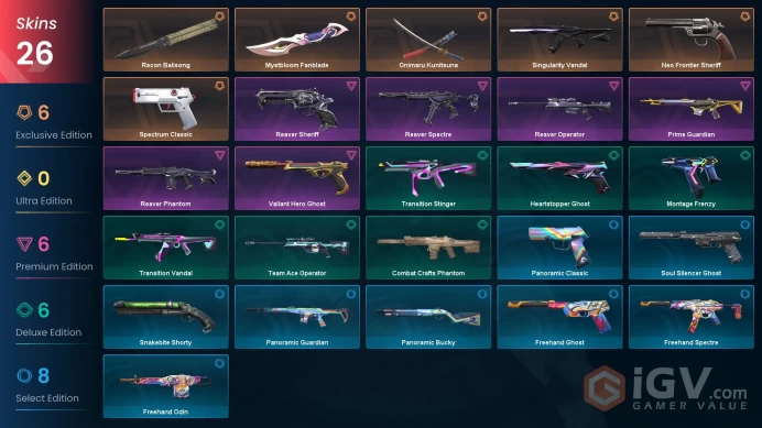 NA | 26 skins | Recon Balisong | Onimaru Kunitsuna | Mystbloom Fanblade | Singularity Vandal | Neo Frontier Sheriff | Reaver Phantom | D3395