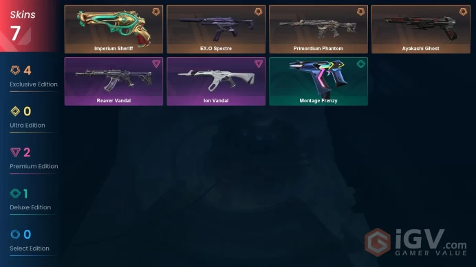 EU | 7 skins | Primordium Phantom | Ion Vandal | Reaver Vandal | EX.O Spectre | Ayakashi Ghost | Imperium Sheriff | Montage Frenzy | X9256