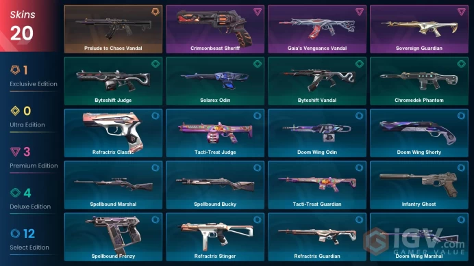 EU | 20 skins | Prelude to Chaos Vandal | Gaia's Vengeance Vandal | Sovereign Guardian | Crimsonbeast Sheriff | Solarex Odin | G6543