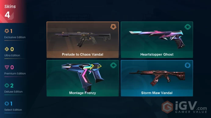 LA | 4 skins | Prelude to Chaos Vandal | Heartstopper Ghost | Montage Frenzy | Storm Maw Vandal | O9015