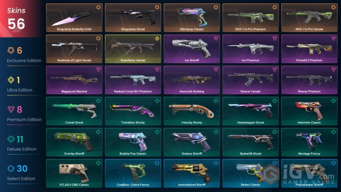 EU | 56 skins | Elderflame Vandal | Singularity Butterfly Knife | RGX 11z Pro Phantom | RGX 11z Pro Vandal | Sentinels of Light Vandal | Y3101