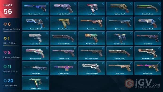 EU | 56 skins | Elderflame Vandal | Singularity Butterfly Knife | RGX 11z Pro Phantom | RGX 11z Pro Vandal | Sentinels of Light Vandal | Y3101