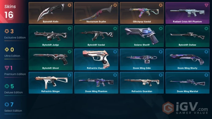 NA | 16 skins | Nocturnum Scythe | Byteshift Knife | Glitchpop Vandal | Radiant Crisis 001 Phantom | Byteshift Vandal | Byteshift Outlaw | M5028