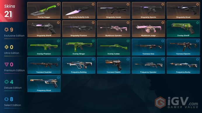 NA | 21 skins | Singularity Butterfly Knife | Singularity Vandal | Overlay Dagger | Mystbloom Operator | Singularity Phantom | Z9196