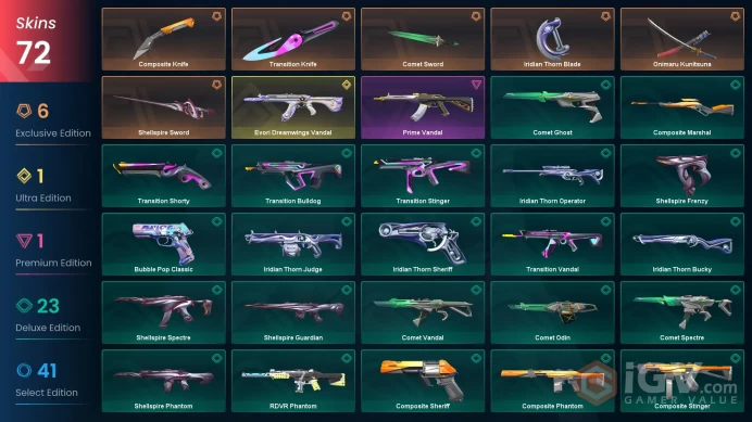 EU | 72 skins | Evori Dreamwings Vandal | Onimaru Kunitsuna | Prime Vandal | Transition Knife | Composite Knife | Iridian Thorn Blade | G8719