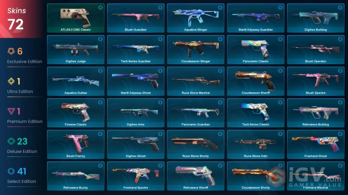 EU | 72 skins | Evori Dreamwings Vandal | Onimaru Kunitsuna | Prime Vandal | Transition Knife | Composite Knife | Iridian Thorn Blade | G8719