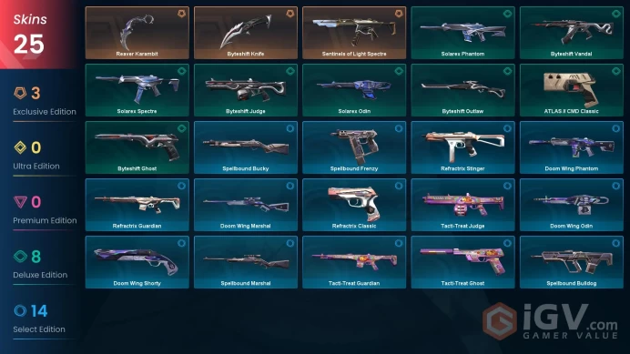 EU | 25 skins | Reaver Karambit | Byteshift Knife | Sentinels of Light Spectre | Byteshift Ghost | Byteshift Vandal | Solarex Phantom | W1309