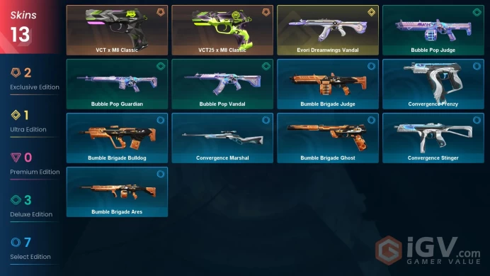 EU Full Access | 13 Skins Evori Dreamwings Vandal + VCT25 x M8 Classic + VCT x M8 Classic | 1235VP | Last Rank Iron 2 | + more Skins