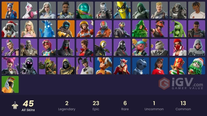 45 skins | Take The L | Tart Tycoon | Rogue Agent | Zenith | Lynx | Gwenpool | War Machine | Doom | Shuri | Emma Frost | Captain Jones