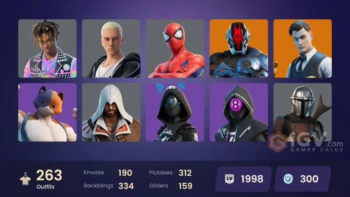 [PC/PSN/XBOX] 263 skins | Huntmaster Saber | Verve |Gold Brutus | Gold Midas | Artic Adeline |Heaven | 36 Competetive Items | 100 VB