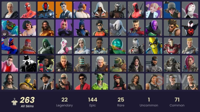 [PC/PSN/XBOX] 263 skins | Huntmaster Saber | Verve |Gold Brutus | Gold Midas | Artic Adeline |Heaven | 36 Competetive Items | 100 VB